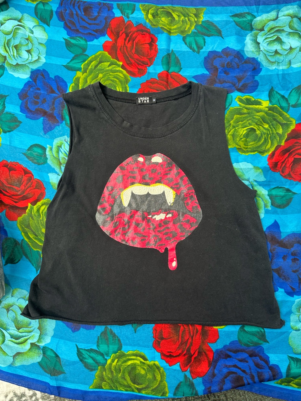 Under Star Black Crop Tank with Red Leopard Vampire Lips Graphic